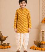 Boy's mustard rayon striped thigh length kurta and dhoti set