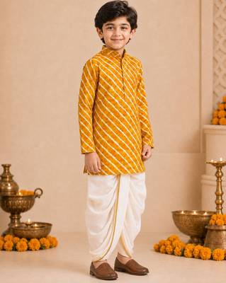 Boy's mustard rayon striped thigh length kurta and dhoti set 2
