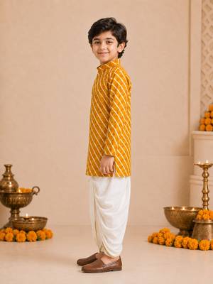 Boy's mustard rayon striped thigh length kurta and dhoti set 5