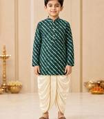 Boy's green rayon striped thigh length kurta and dhoti set