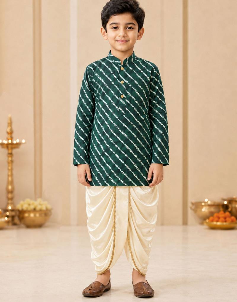 Boy's green rayon striped thigh length kurta and dhoti set