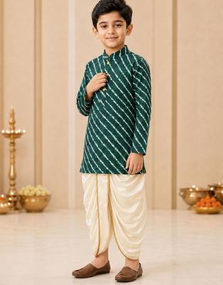 Boy's green rayon striped thigh length kurta and dhoti set 2