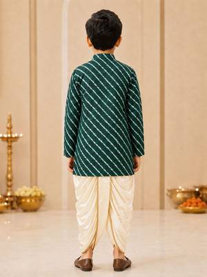 Boy's green rayon striped thigh length kurta and dhoti set 3