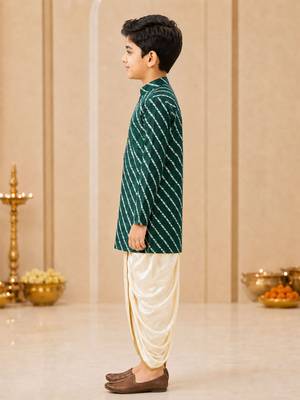 Boy's green rayon striped thigh length kurta and dhoti set 5