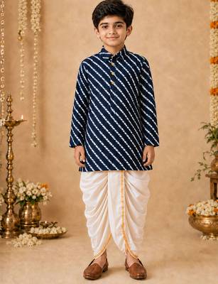 Boy's navy blue rayon striped thigh length kurta and dhoti set 1