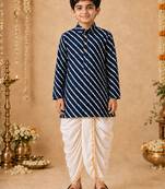 Boy's navy blue rayon striped thigh length kurta and dhoti set