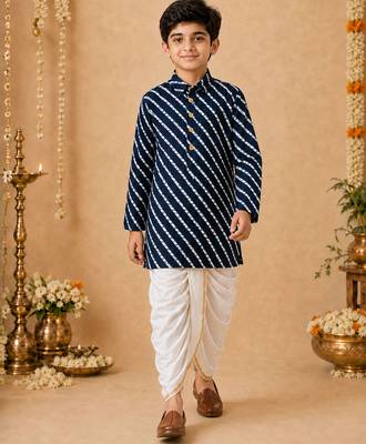 Boy's navy blue rayon striped thigh length kurta and dhoti set 2