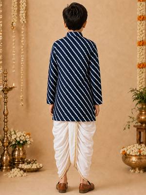 Boy's navy blue rayon striped thigh length kurta and dhoti set 3