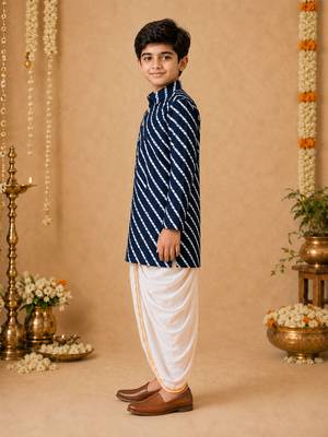 Boy's navy blue rayon striped thigh length kurta and dhoti set 5