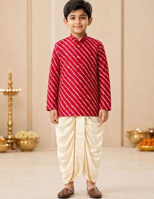 Boy's red rayon striped thigh length kurta and dhoti set 1