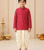 Boy's red rayon striped thigh length kurta and dhoti set
