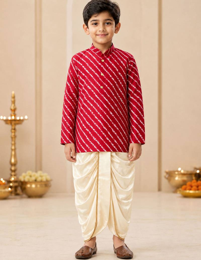 Boy's red rayon striped thigh length kurta and dhoti set