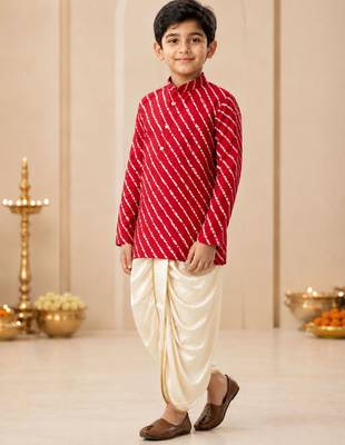 Boy's red rayon striped thigh length kurta and dhoti set 2