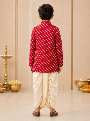 Boy's red rayon striped thigh length kurta and dhoti set 3