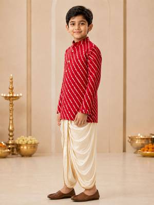 Boy's red rayon striped thigh length kurta and dhoti set 5