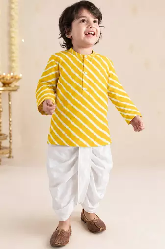 Boy's yellow cotton striped thigh length kurta and dhoti set