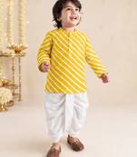 Boy's yellow cotton striped thigh length kurta and dhoti set