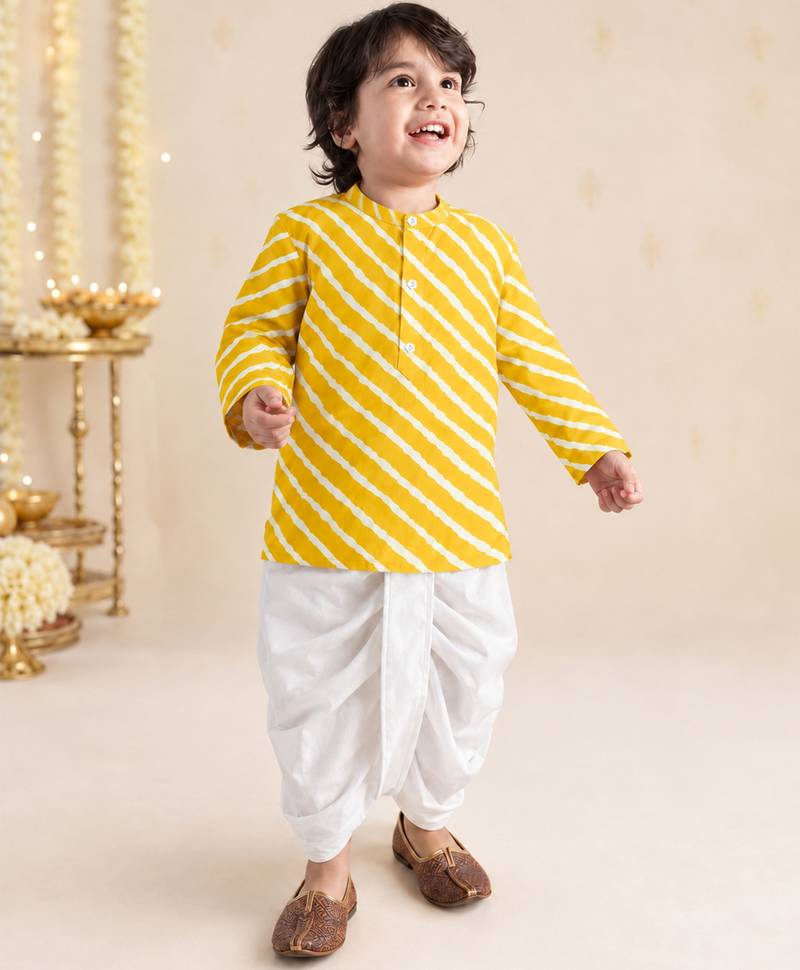 Boy's yellow cotton striped thigh length kurta and dhoti set