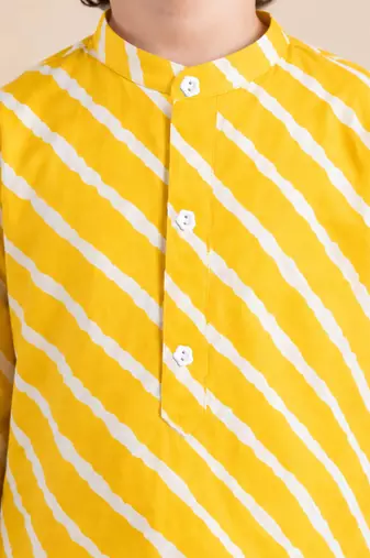 Boy's yellow cotton striped thigh length kurta and dhoti set