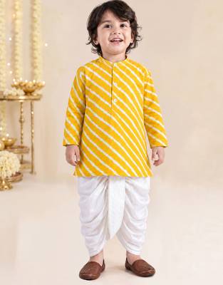 Boy's yellow cotton striped thigh length kurta and dhoti set 3