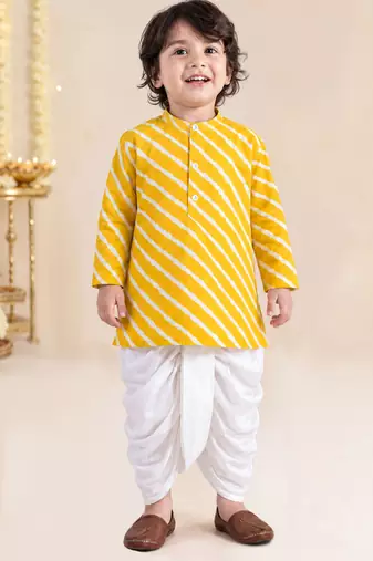 Boy's yellow cotton striped thigh length kurta and dhoti set