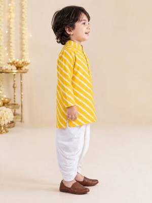 Boy's yellow cotton striped thigh length kurta and dhoti set 4