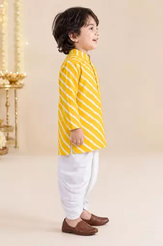Boy's yellow cotton striped thigh length kurta and dhoti set