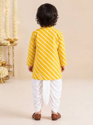 Boy's yellow cotton striped thigh length kurta and dhoti set 5