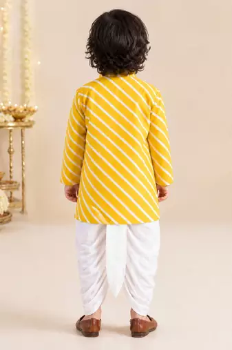 Boy's yellow cotton striped thigh length kurta and dhoti set