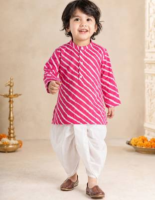 Boy's pink cotton striped thigh length kurta and dhoti set 1