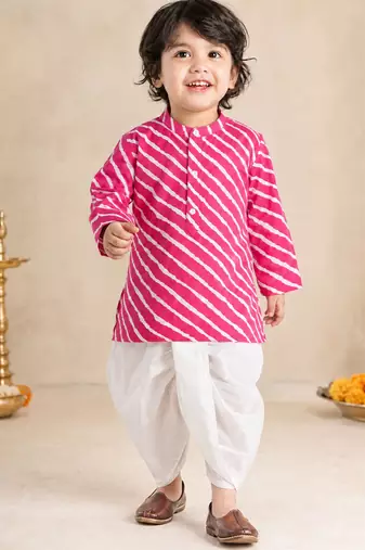 Boy's pink cotton striped thigh length kurta and dhoti set