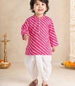 Boy's pink cotton striped thigh length kurta and dhoti set