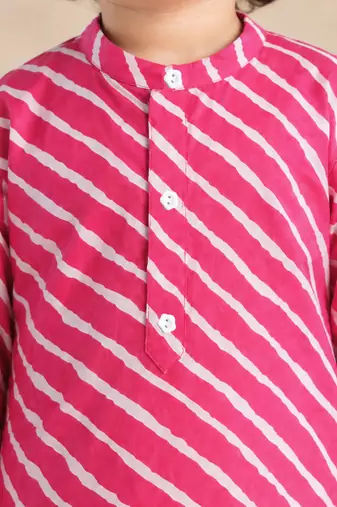 Boy's pink cotton striped thigh length kurta and dhoti set