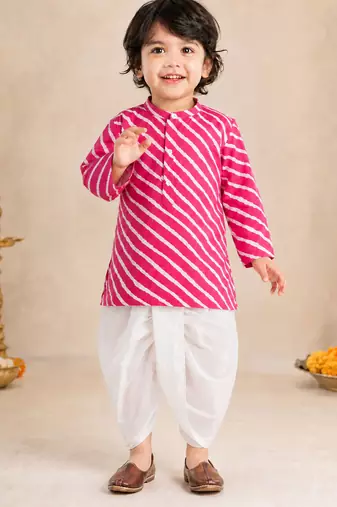 Boy's pink cotton striped thigh length kurta and dhoti set