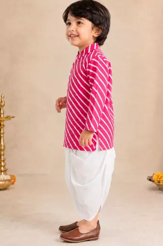 Boy's pink cotton striped thigh length kurta and dhoti set