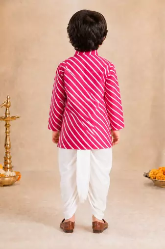 Boy's pink cotton striped thigh length kurta and dhoti set