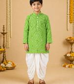 Boy's green cotton bandhni thigh length kurta and dhoti set