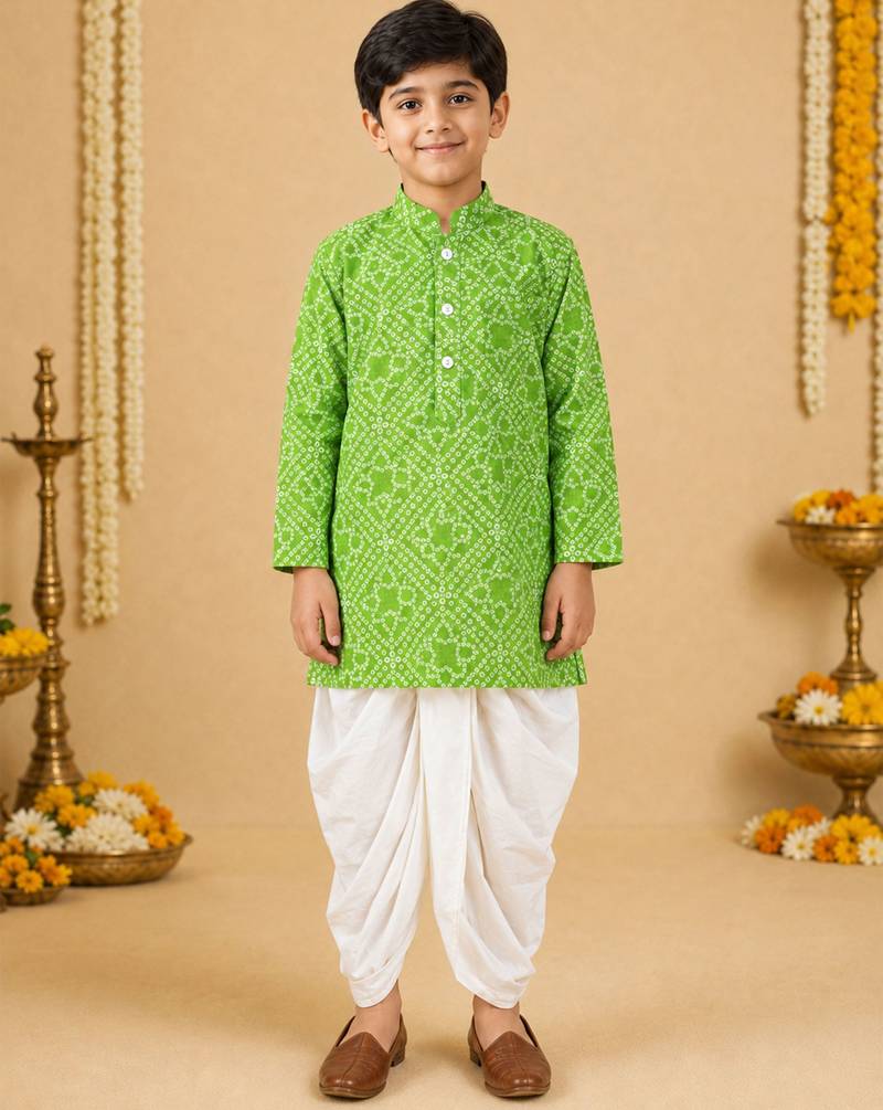 Boy's green cotton bandhni thigh length kurta and dhoti set