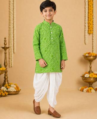Boy's green cotton bandhni thigh length kurta and dhoti set 2