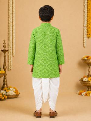 Boy's green cotton bandhni thigh length kurta and dhoti set 3
