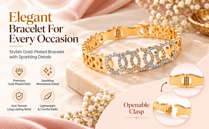 Gold-toned crystal studded circle link kada bracelet