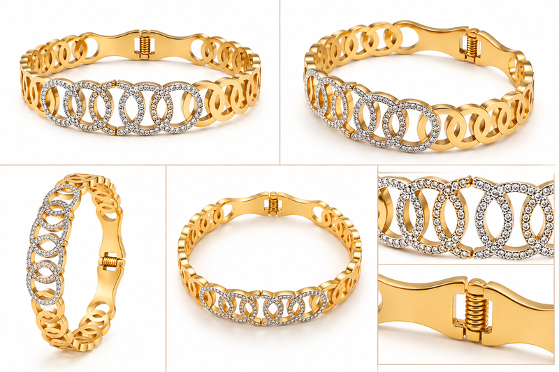 Gold-toned crystal studded circle link kada bracelet