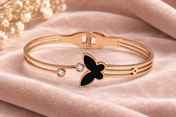 Rose gold butterfly bangle bracelet with black enamel & crystal 1