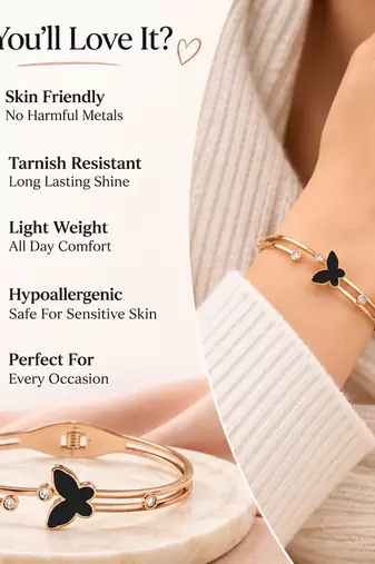Rose gold butterfly bangle bracelet with black enamel & crystal