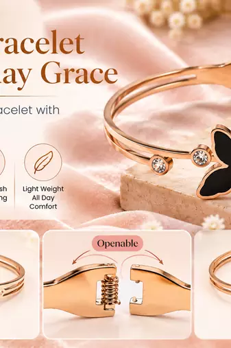 Rose gold butterfly bangle bracelet with black enamel & crystal