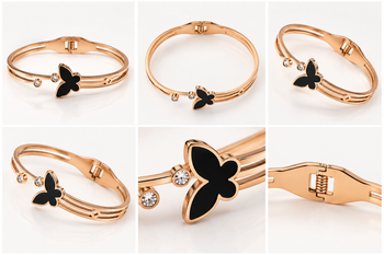 Rose gold butterfly bangle bracelet with black enamel & crystal 4