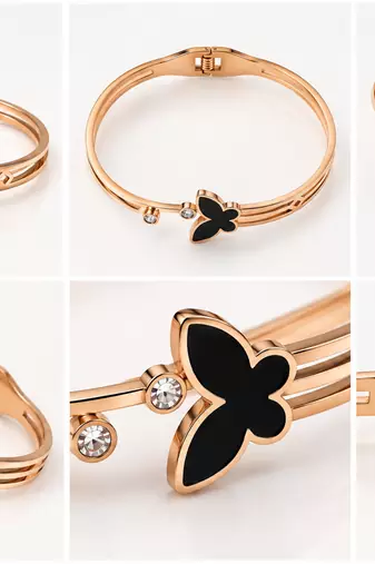 Rose gold butterfly bangle bracelet with black enamel & crystal