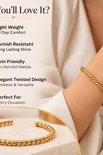 Gold twisted rope cuff bracelet for women, open bangle