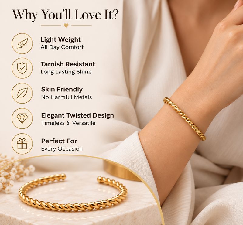 Gold twisted rope cuff bracelet for women, open bangle