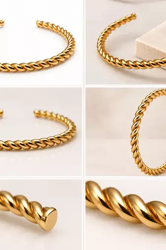 Gold twisted rope cuff bracelet for women, open bangle